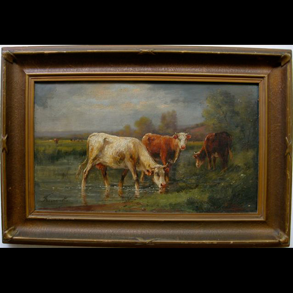 Appraisal: CATTLE WATERING WINDING RIVER SIGNED SEE PHOTO P VALERIN TWO