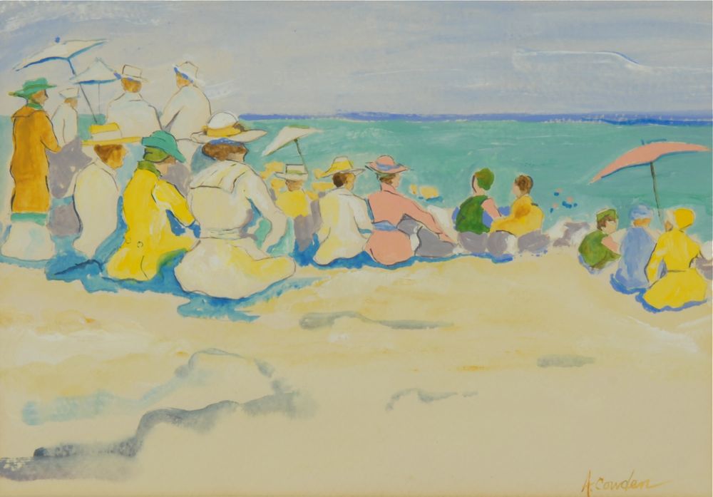 Appraisal: ANNE COWDENAmerican ContemporaryBeach scene with umbrellas Signed lower right A