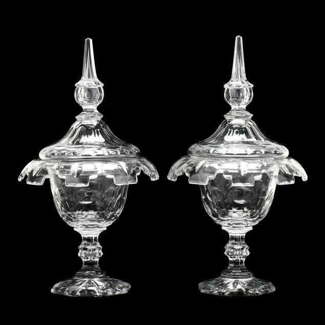 Appraisal: PAIR OF ANGLO IRISH LIDDED SWEET MEAT GLASS URNS th