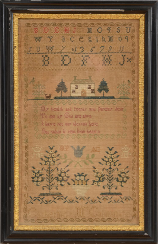 Appraisal: ENGLISH SILK-EMBOIDERED SAMPLER WROUGHT BY CATHERINE MCCALMAN AGED Stitched with