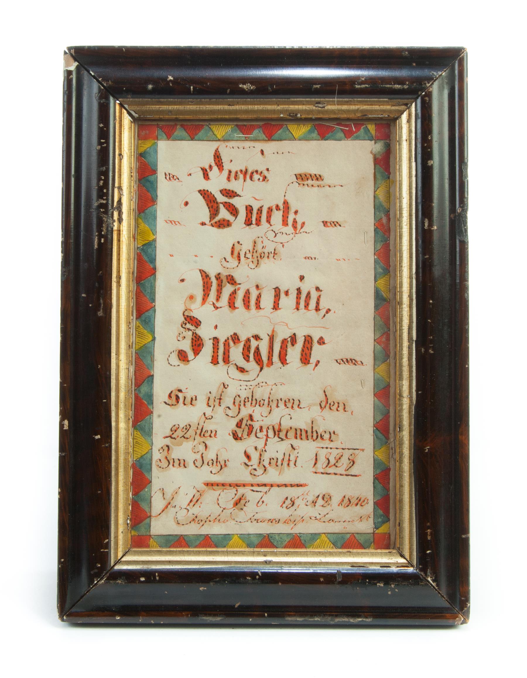 Appraisal: PENNSYLVANIA FRAKTUR Watercolor on paper Maria Siegler September Lancaster County