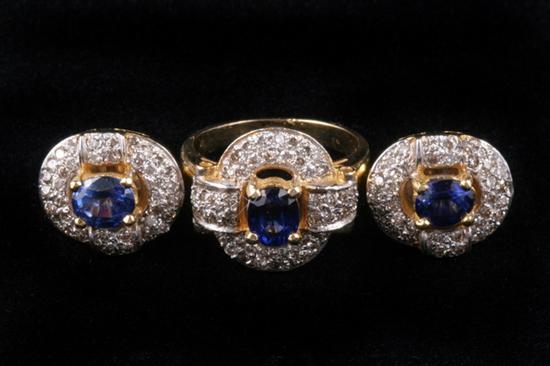 Appraisal: YELLOW AND WHITE GOLD DIAMOND AND SAPPHIRE RING WITH PAIR