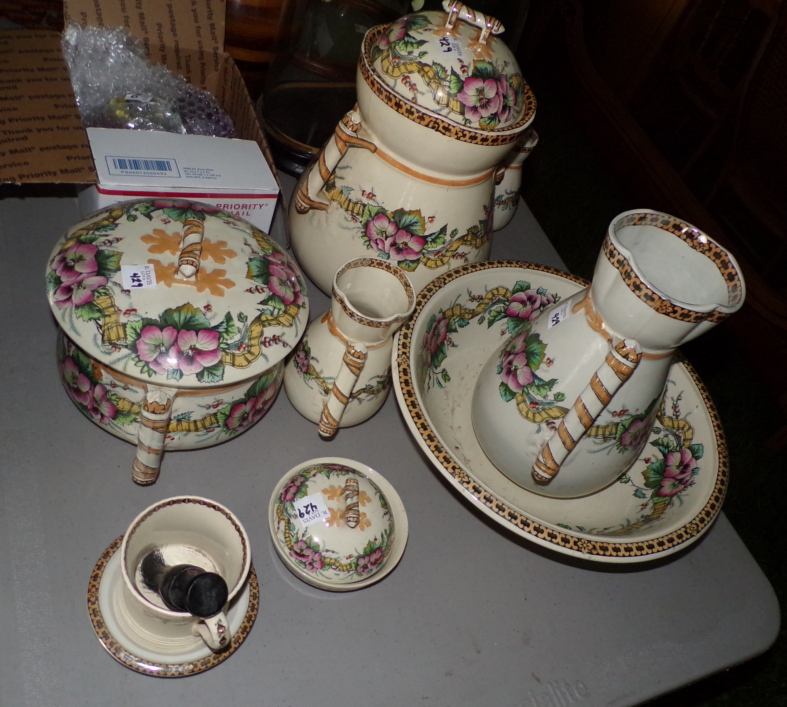 Appraisal: -Pc Argyle wash set Geranium pattern- including pitcher and bowl