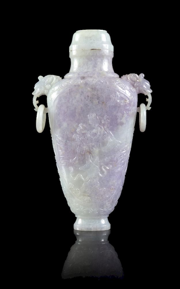 Appraisal: A Lavender and Pale Celadon Jadeite Doubled Dragon Handled Covered