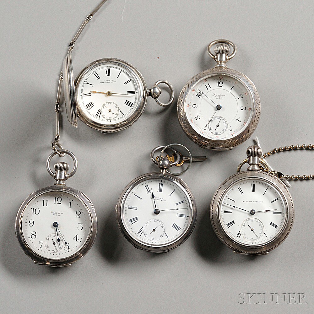 Appraisal: Five Silver American Pocket Watches Massachusetts all with porcelain dials