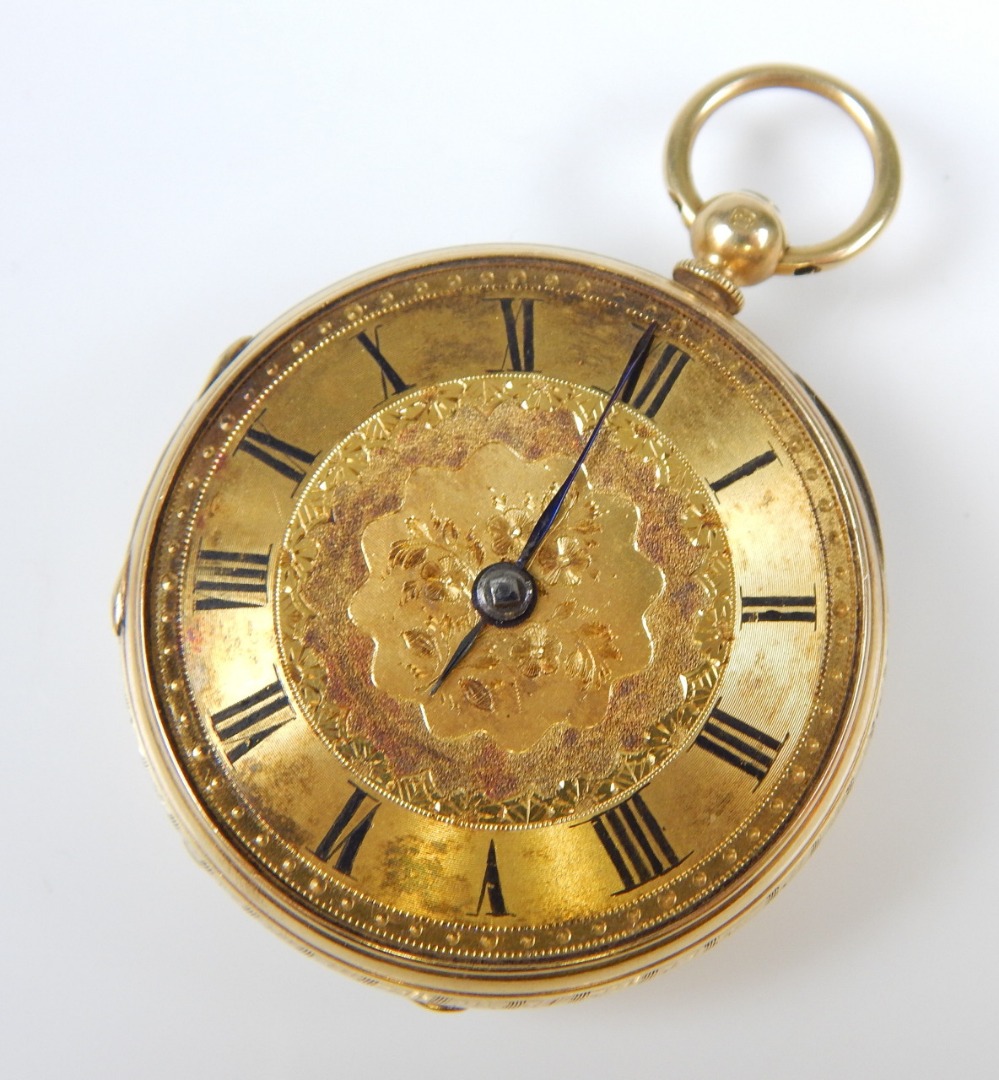 Appraisal: An ct gold pocket watch with engraved floral motifs to