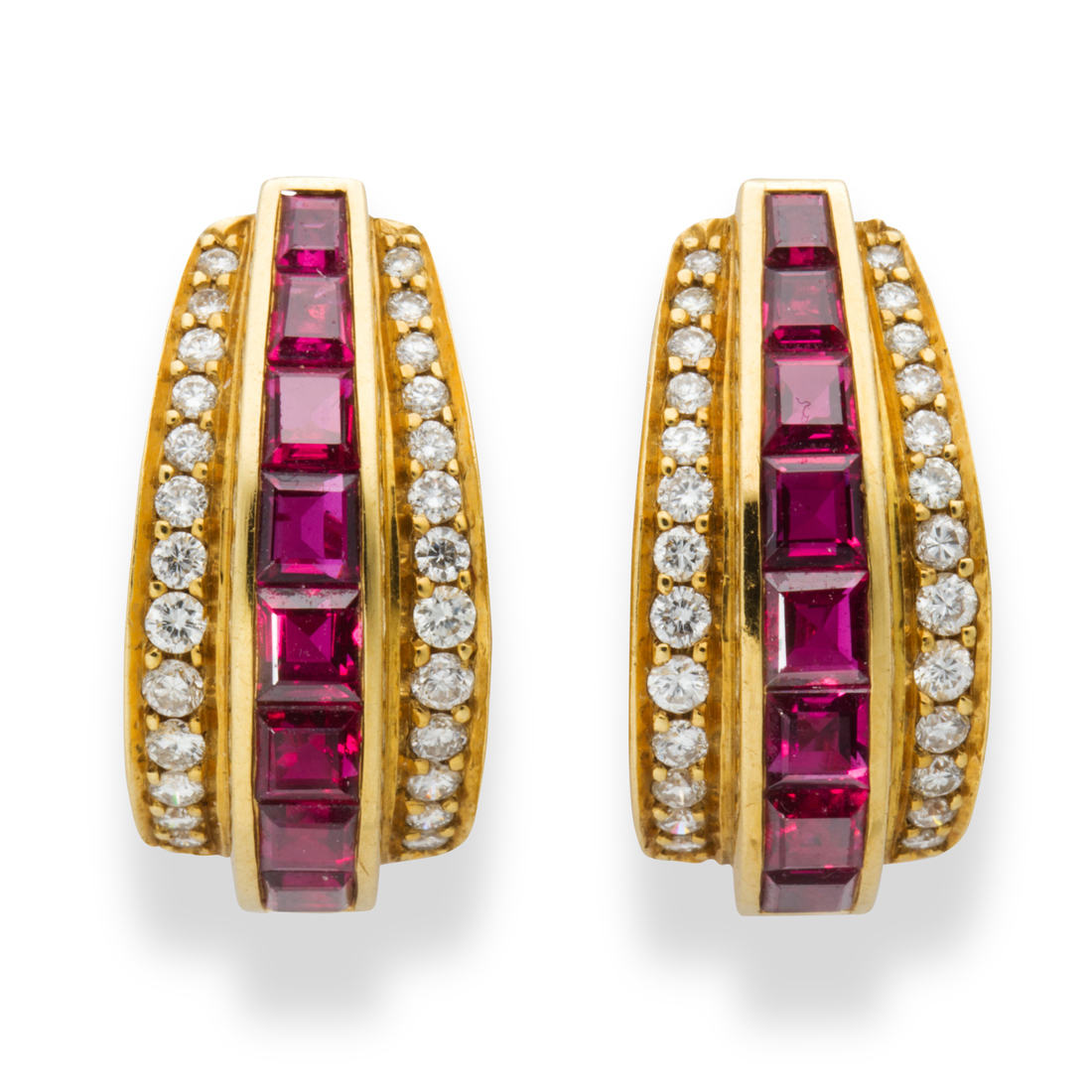 Appraisal: A PAIR OF RUBY DIAMOND AND EIGHTEEN KARAT GOLD EARRINGS