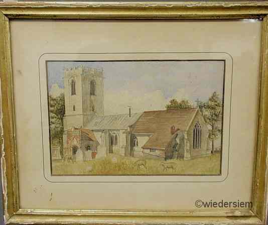 Appraisal: English watercolor painting of a church with grazing sheep in