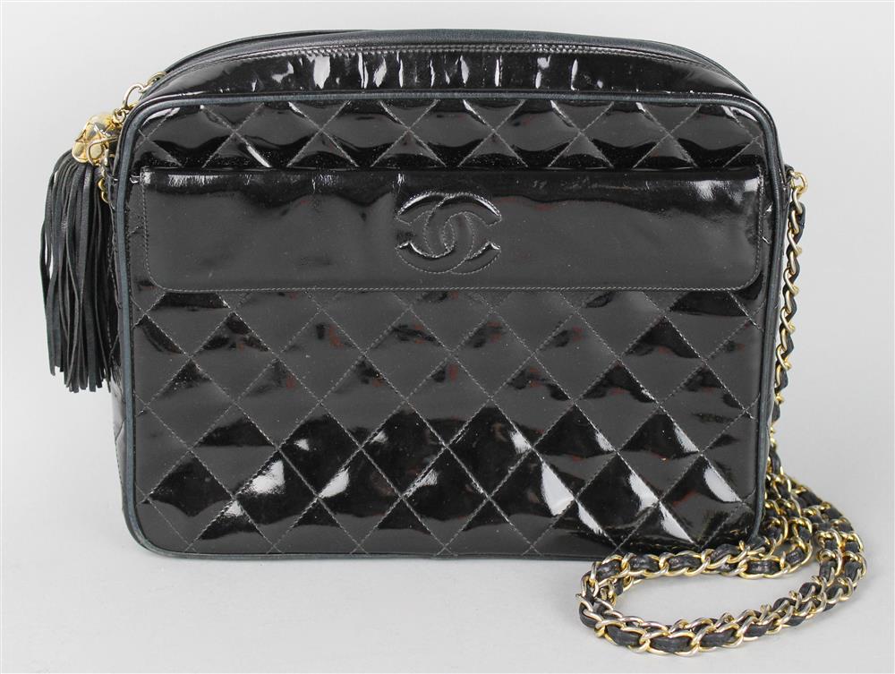 Appraisal: CHANEL QUILTED BLACK PATENT LEATHER CHAIN SHOULDER BAG the Chanel