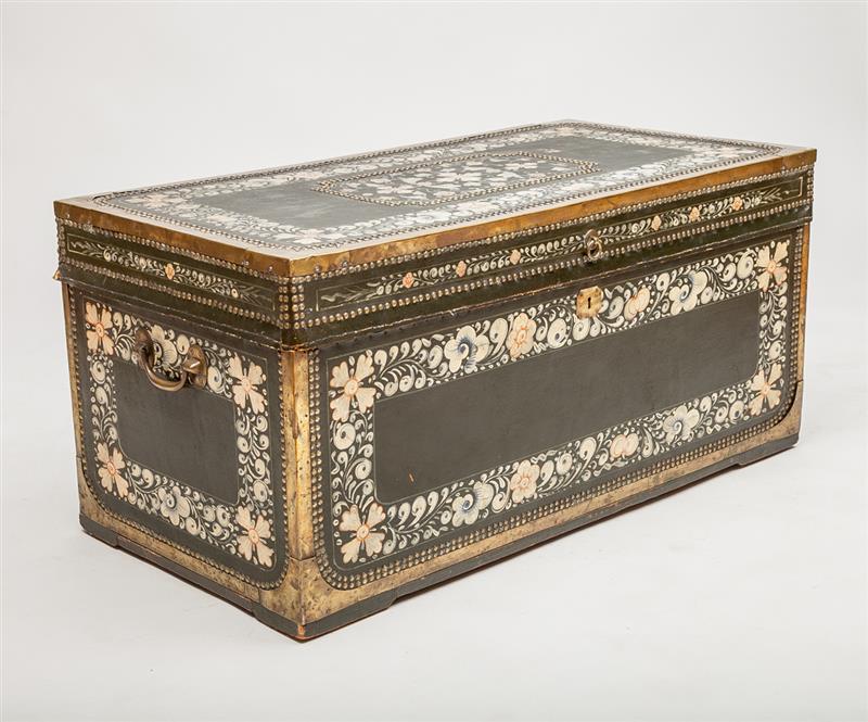 Appraisal: Chinese Export Brass-Mounted and Painted Trunk Canton With paper label