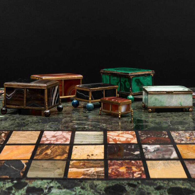 Appraisal: Group of Six Gilt-Metal-Mounted Hardstone Table Boxes x x in