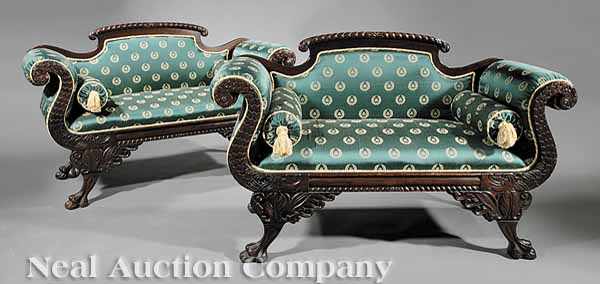 Appraisal: A Near Pair of American Late Classical Mahogany Settees mid-