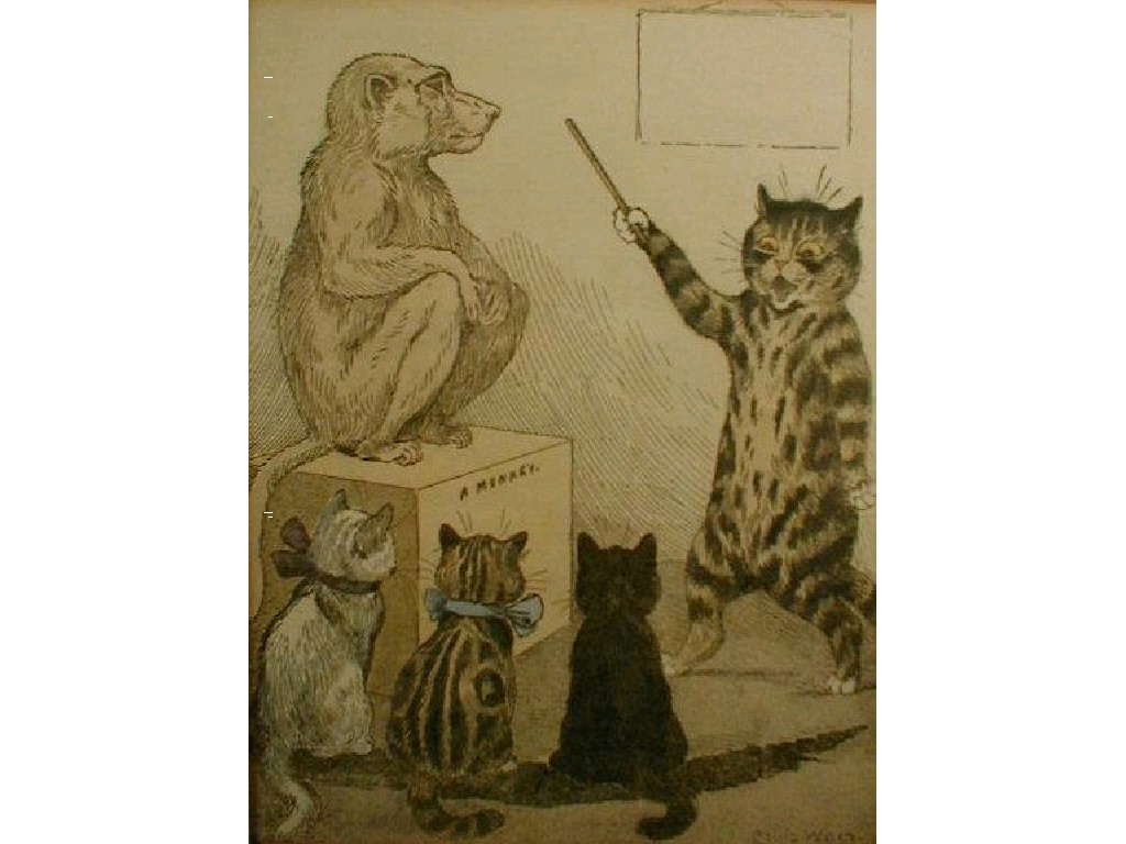 Appraisal: Three hand coloured reproduction prints after Louis Wain Humorous cat