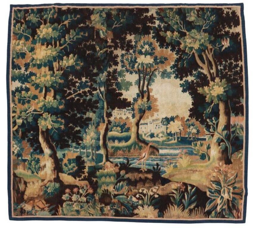 Appraisal: Aubusson woven verdure tapestry th c lush landscape with castle