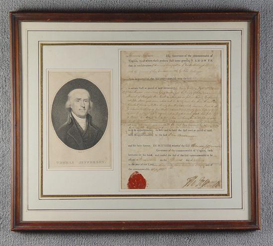 Appraisal: Thomas Jefferson Signed Land Grant Framed wtih Tiebout steel engraving