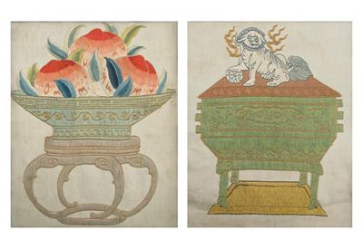 Appraisal: Three Chinese embroideries on silk two depicting bowls containing peaches