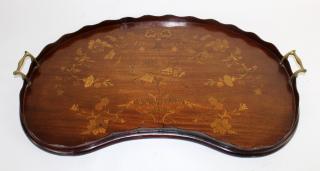 Appraisal: English Mahogany marquetry tray English Mahogany marquetry kidney shaped tray