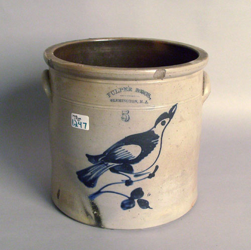 Appraisal: Fulper five gallon stoneware crock th c with bird decoration