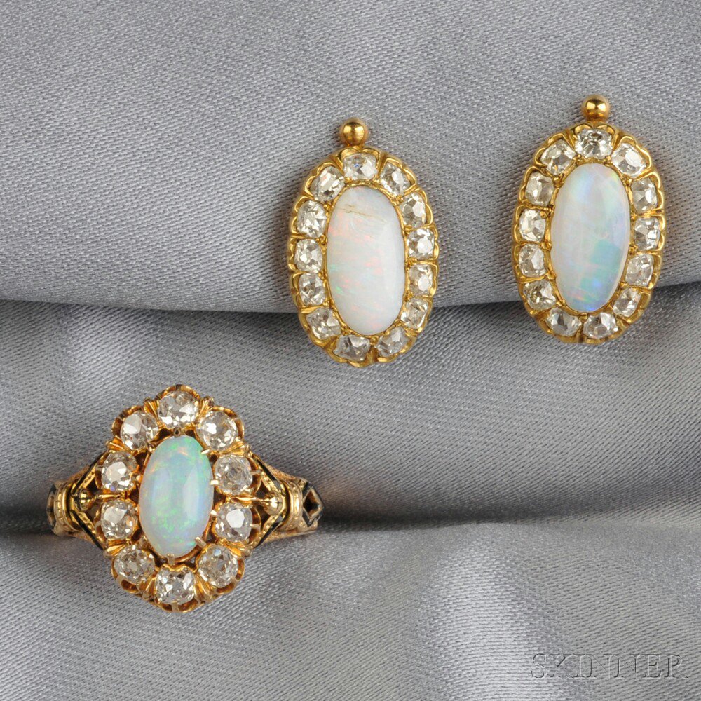 Appraisal: Opal and Diamond Earclips and Ring a pair of kt