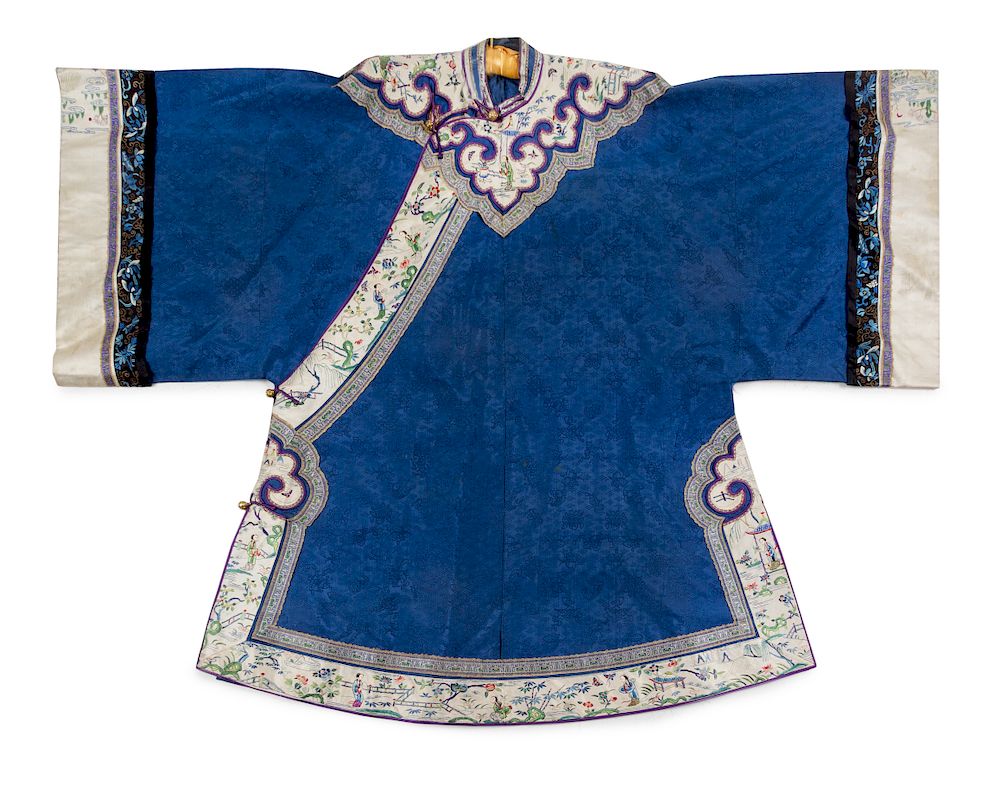 Appraisal: A Blue Ground Embroidered Silk Lady's Robe Collar to hem