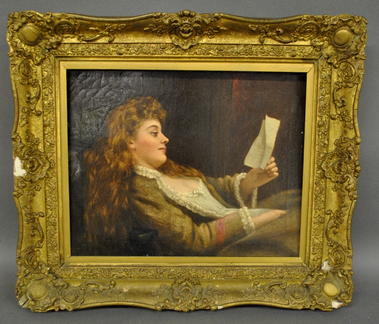 Appraisal: - Pre-Raphaelite oil on canvas portrait of a woman reading