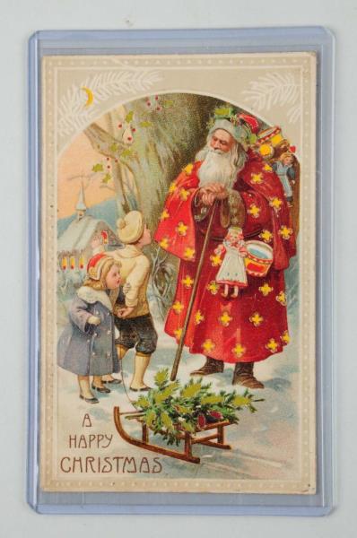 Appraisal: Hold-to-Light Santa Postcard Santa in a red and gold suit