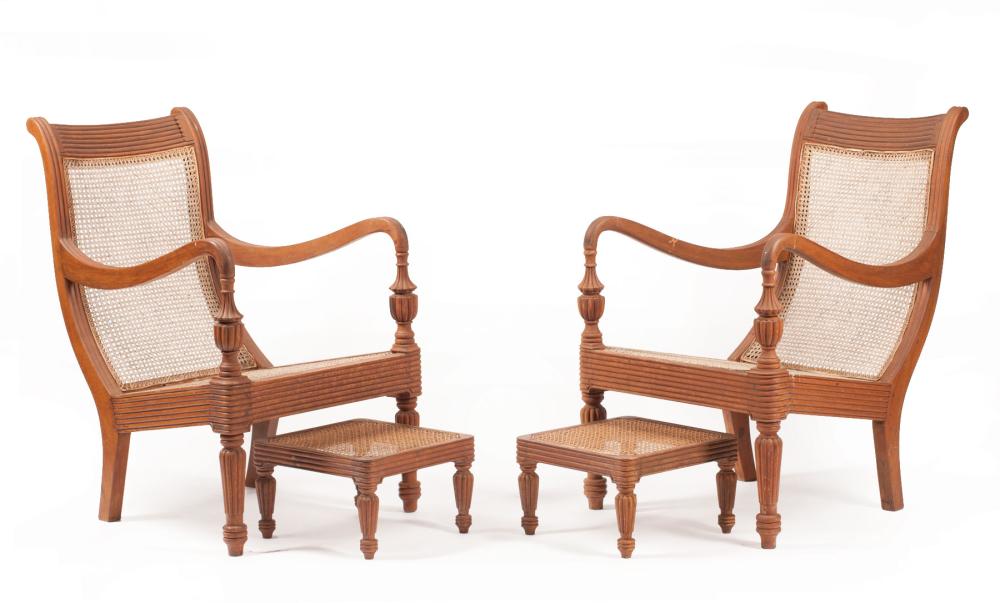 Appraisal: Pair of West Indies-Style Carved Hardwood and Caned Armchairs reeded