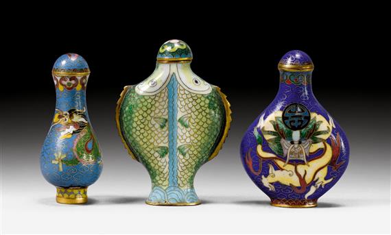 Appraisal: THREE CLOISONN SNUFF BOTTLES China H - cm a Decoration