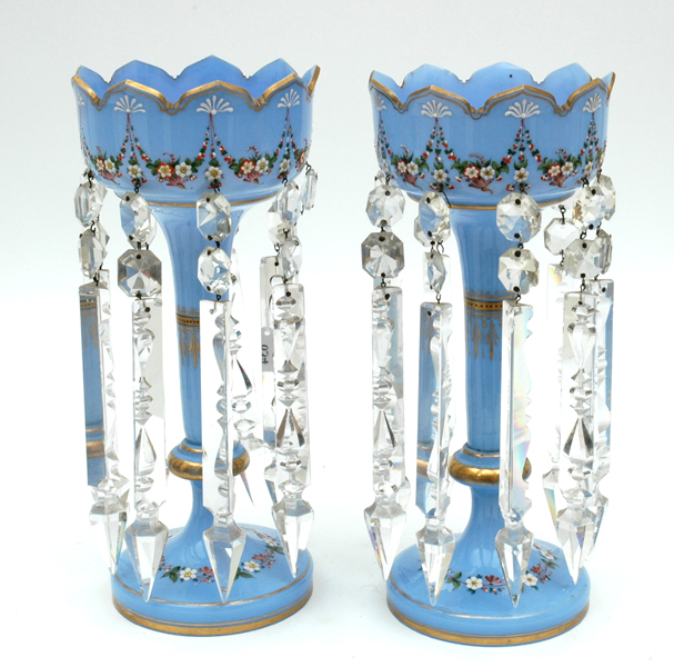 Appraisal: A PAIR OF VICTORIAN MAUVE GLASS ENAMELLED LUSTRE VASES The