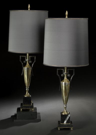 Appraisal: Handsome Pair of Silverplate-Mounted Brass Table Lamps of amphora form