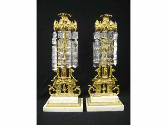 Appraisal: Pair of Brass Crystal Candleholders marble bases