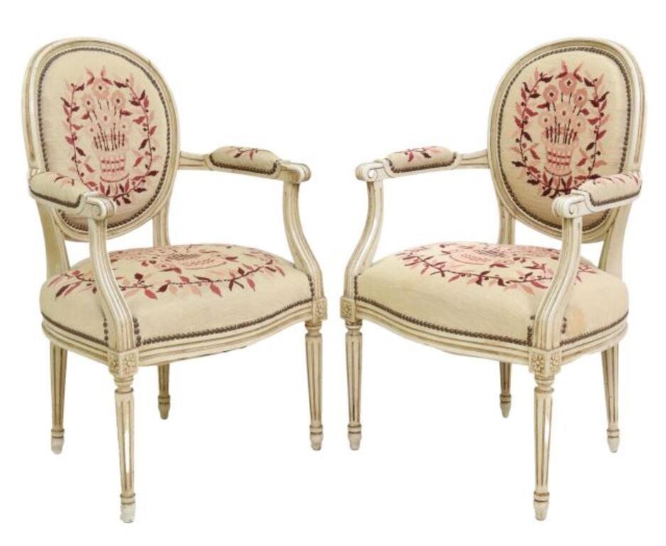 Appraisal: pair Louis XVI style painted armchairs th c oval medallion