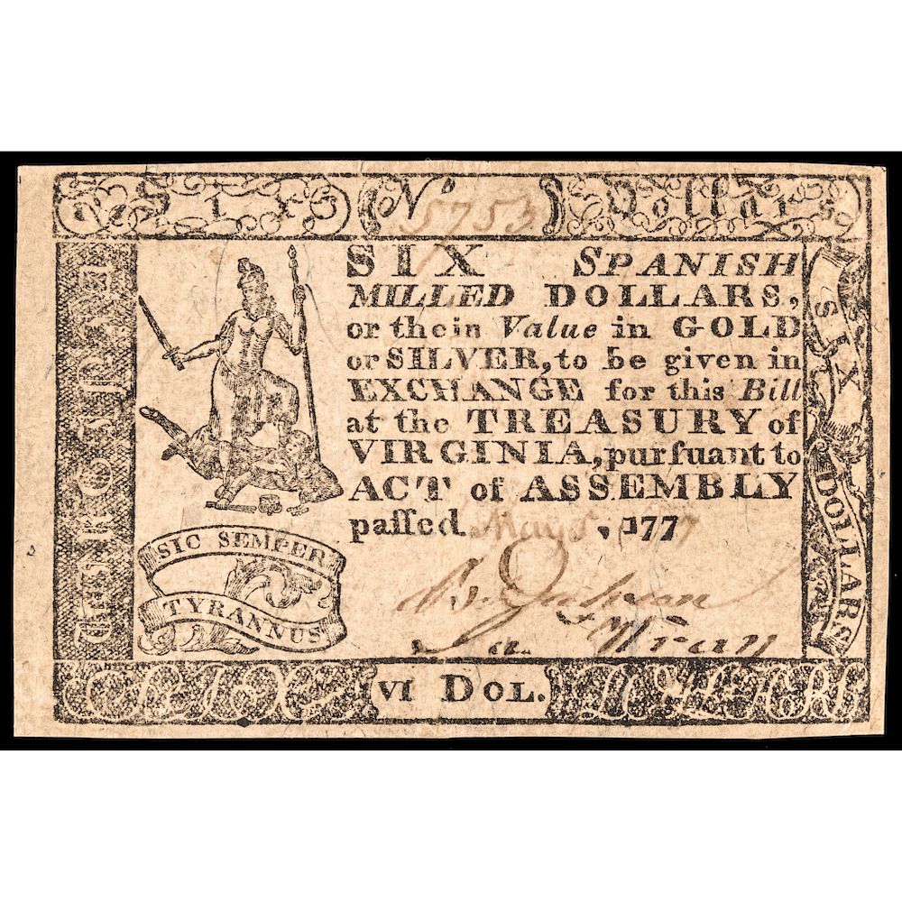 Appraisal: Colonial Currency VA May Handwritten Date Choice Crisp Extremely Fine