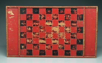 Appraisal: Painted game board pine with red and black painted decoration