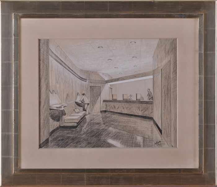 Appraisal: TH C SCHOOL INTERIOR OF MODERNIST BANK Pencil and charcoal