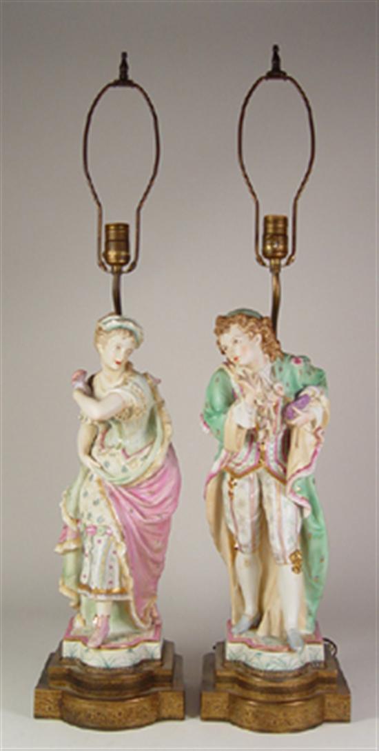 Appraisal: Pair of European Porcelain Figurines Early th Century Mounted as