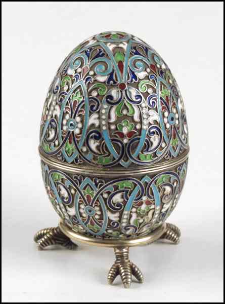 Appraisal: RUSSIAN ENAMELED SILVER EGG Bearing Russian silver stamps and NX