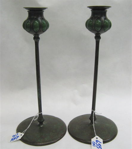 Appraisal: PAIR BRONZE CANDELABRA after L C Tiffany Each with pedestal