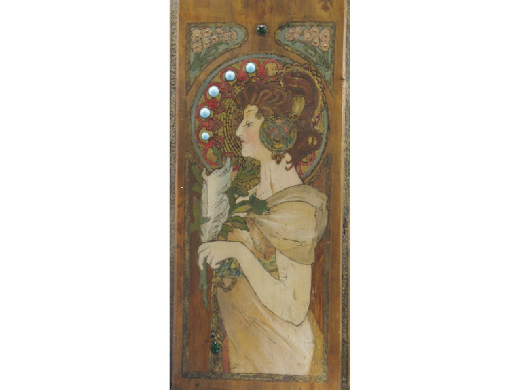 Appraisal: AFTER ALPHONSE MUCHA A carved painted and jewel encrusted panel