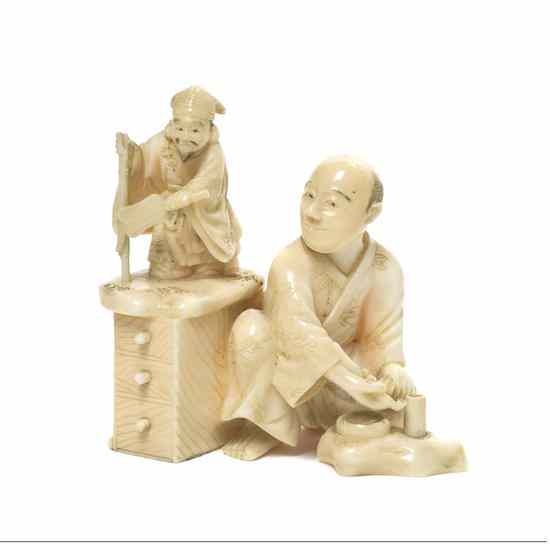 Appraisal: A Japanese Carved Ivory Okimono depicting a man crouching with