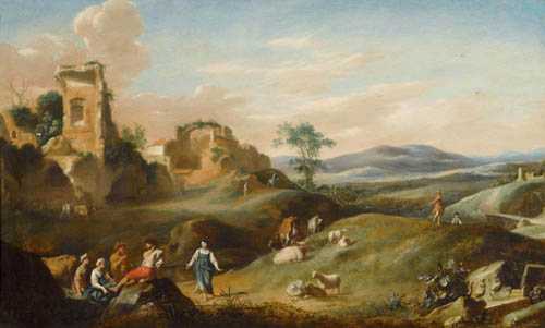 Appraisal: POELENBURGH CORNELIS VAN Utrecht Landscape with ruins herdsmen and cattle