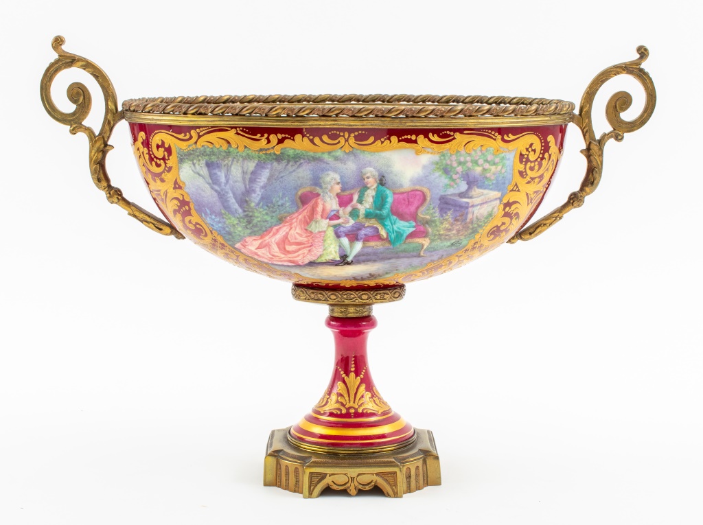 Appraisal: GILLY SIGNED FRENCH ORMOLU MOUNTED PORCELAIN TAZZA French porcelain tazza