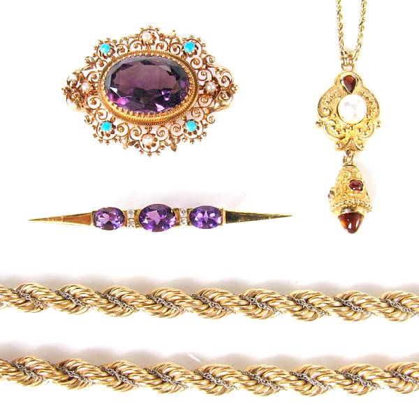 Appraisal: A collection of gem-set and gold jewelry featuring two brooches