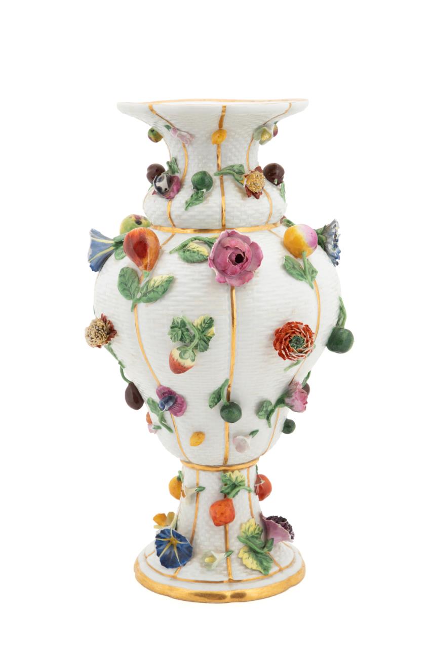 Appraisal: MEISSEN FLOWER AND FRUIT ENCRUSTED VASE Meissen porcelain baluster form