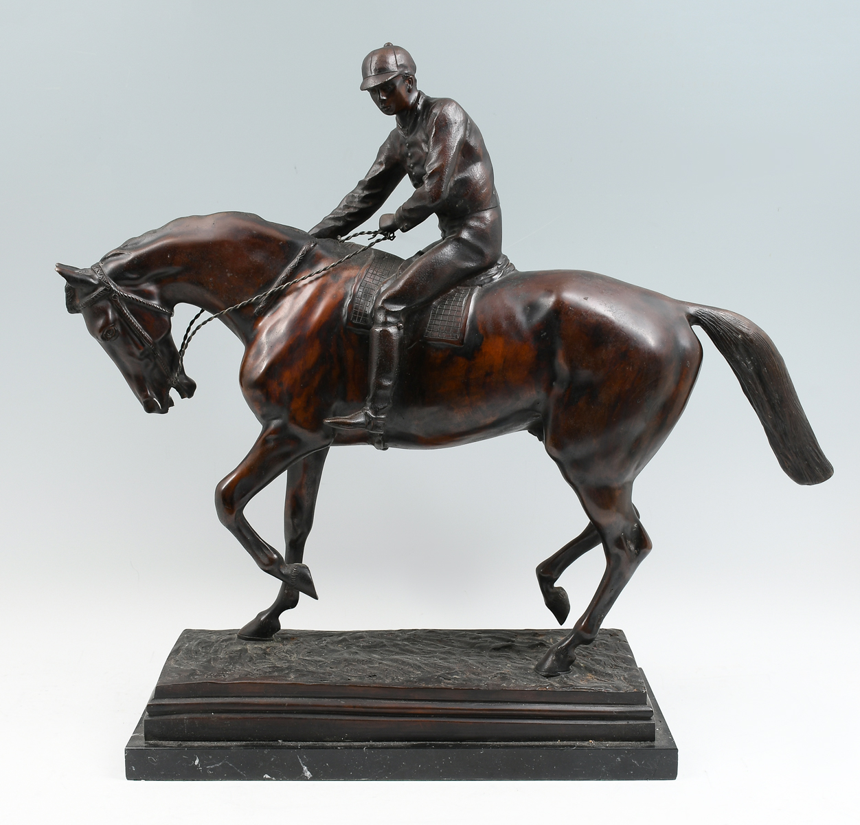 Appraisal: LARGE GOOD QUALITY PATINATED BRONZE HORSE AND JOCKEY SCULPTURE Overall