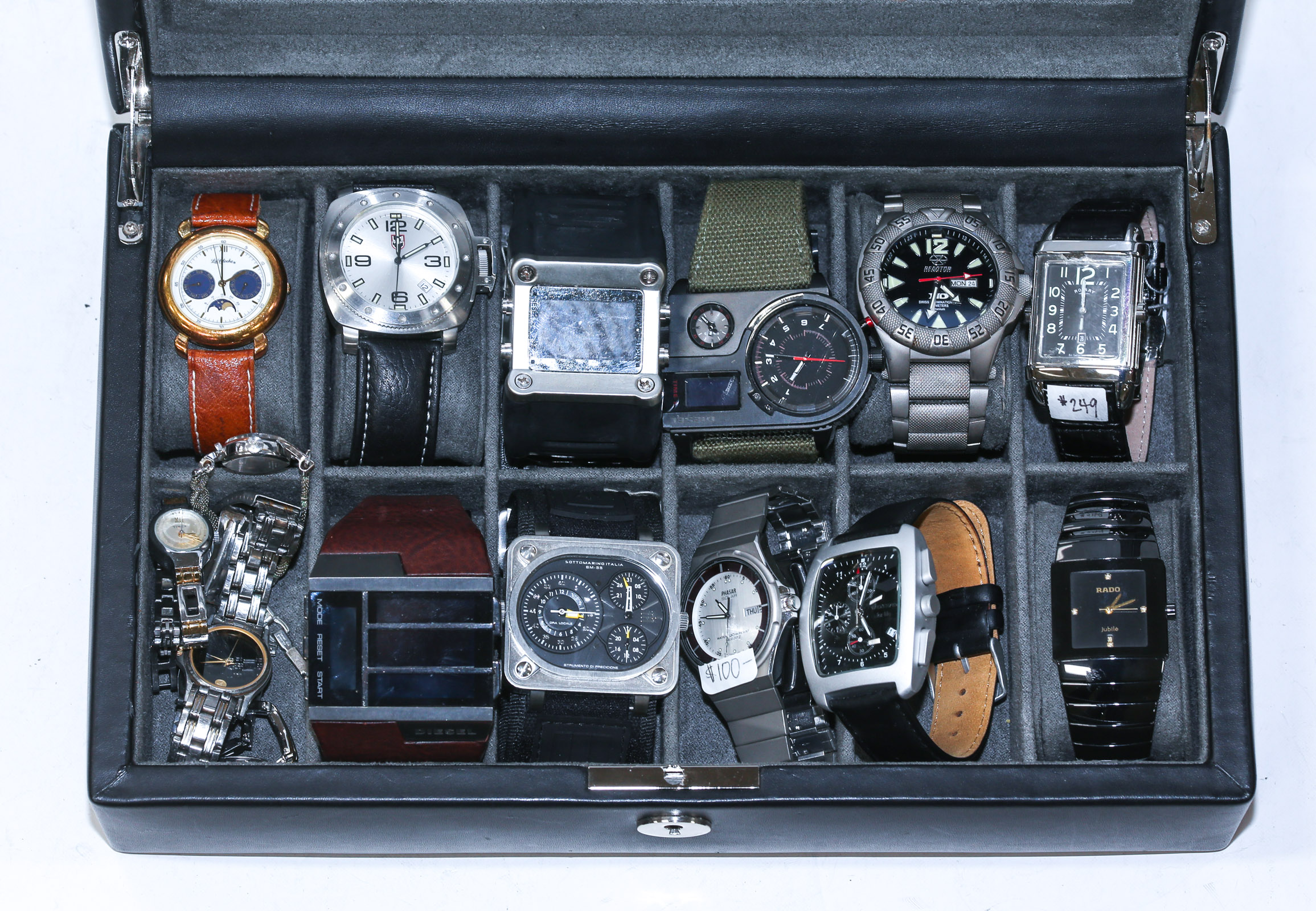 Appraisal: A COLLECTION OF MEN'S WATCHES Leather presentation case including watches