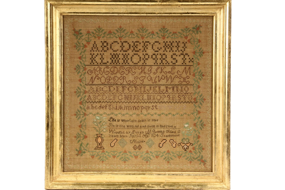 Appraisal: MAINE SAMPLER - Alphabet and Sentiment Sampler Wrought by Susan