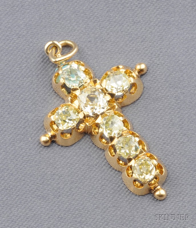 Appraisal: Antique kt Gold and Diamond Cross Pendant prong-set with seven