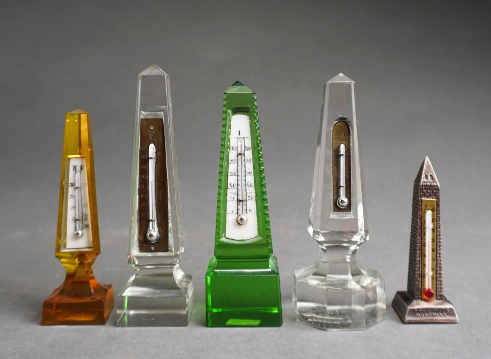 Appraisal: Group of Five Clear and Colored Glass Obelisk Table Thermometers