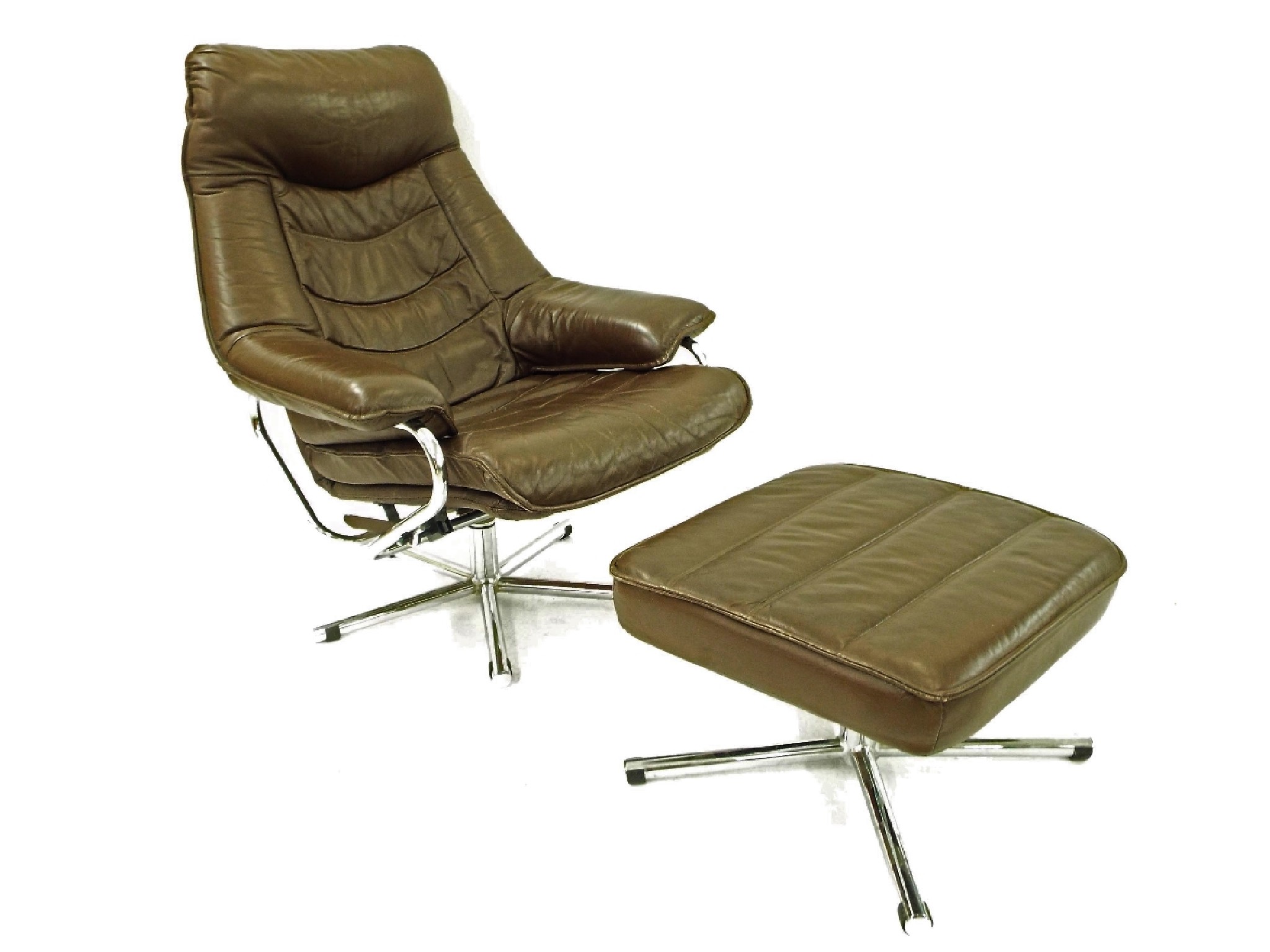 Appraisal: Good mid th century Norwegian brown leather and chrome reclining